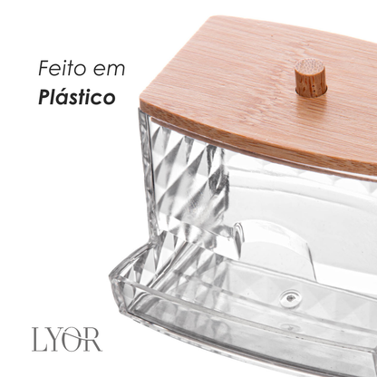 Porta Cotonete Retangular com Tampa de Bambu Special My Box  9cm x 7,5cm x 8,5cm Plástico - Lyor