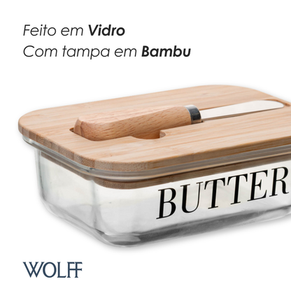 Manteigueira com Espátula e Tampa de Bambu Basic 15cm x 11cm x 5cm Vidro – Wolff