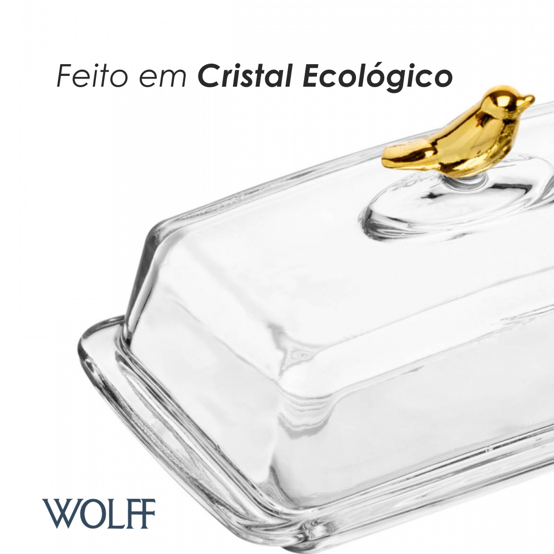 Manteigueira Retangular com Tampa Golden Bird 18cm - Cristal Ecológico | Wolff
