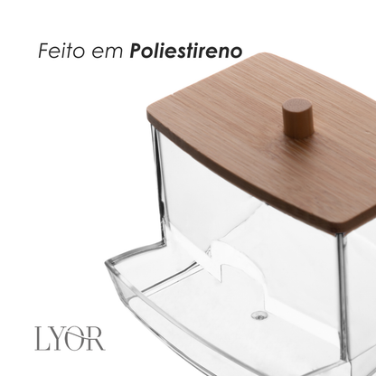 Porta Cotonete Retangular de Poliestireno com Tampa de Bambu My Box 9cm x 8cm x 7c-  Lyor