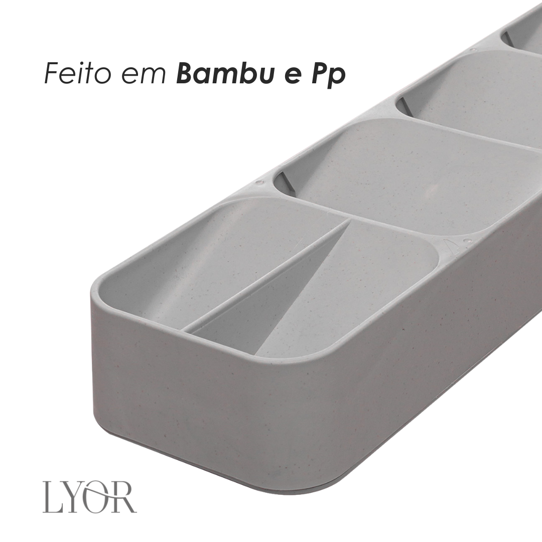 Organizador de Gaveta para Talheres com Nichos de Bambu e PP Cinza 39cm x 10cm x 5,5cm - Lyor