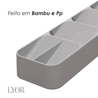 Organizador de Gaveta para Talheres com Nichos de Bambu e PP Cinza 39cm x 10cm x 5,5cm - Lyor