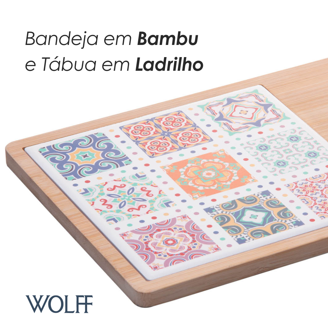 Conjunto 4 Peças para Queijo com Bandeja de Bambu e Tábua Ladrilho 17x25x2cm - Wolff