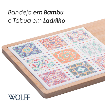 Conjunto 4 Peças para Queijo com Bandeja de Bambu e Tábua Ladrilho 17x25x2cm - Wolff