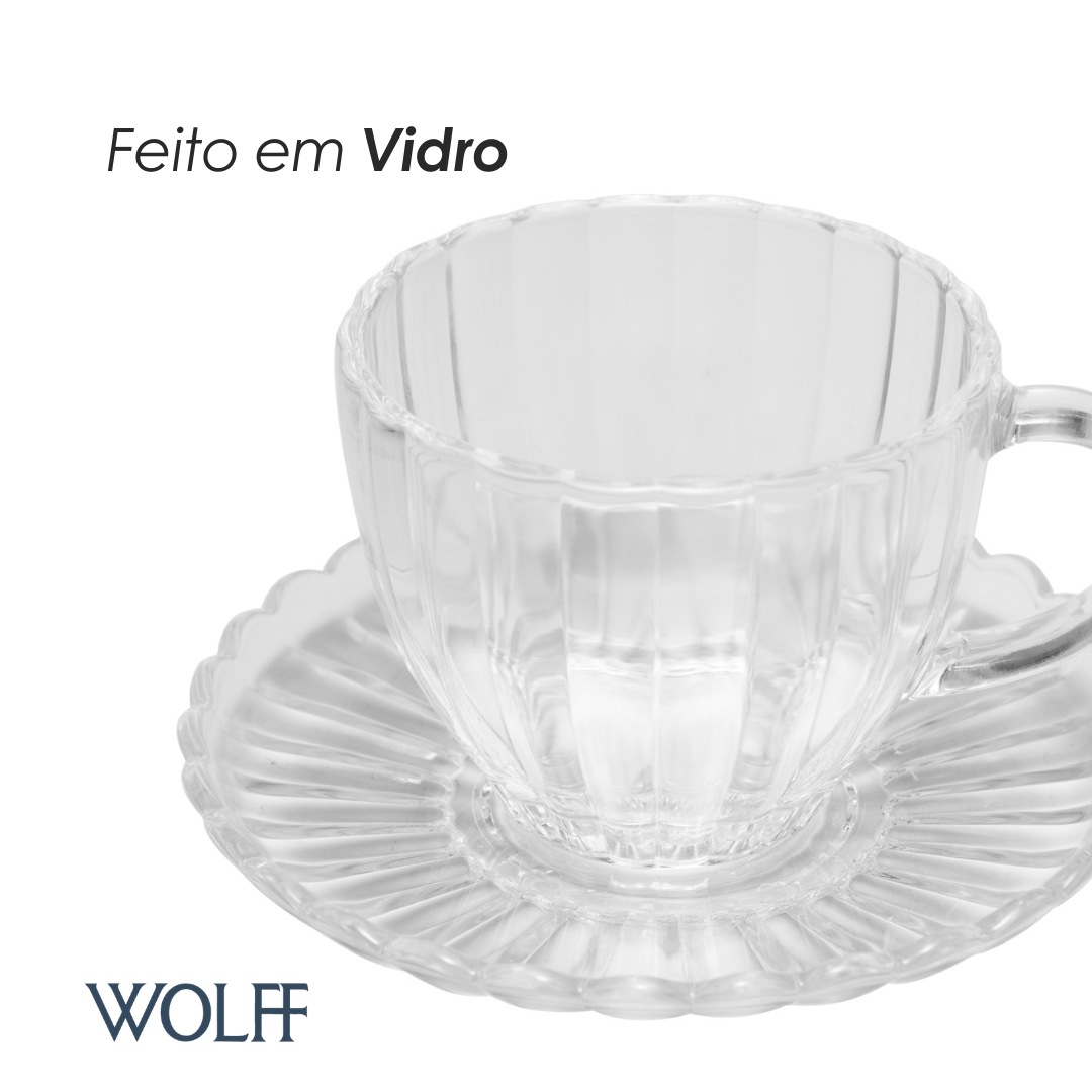 Conjunto 6 Xícaras de Chá de Vidro com Pires Pétala 200ml - Wolff