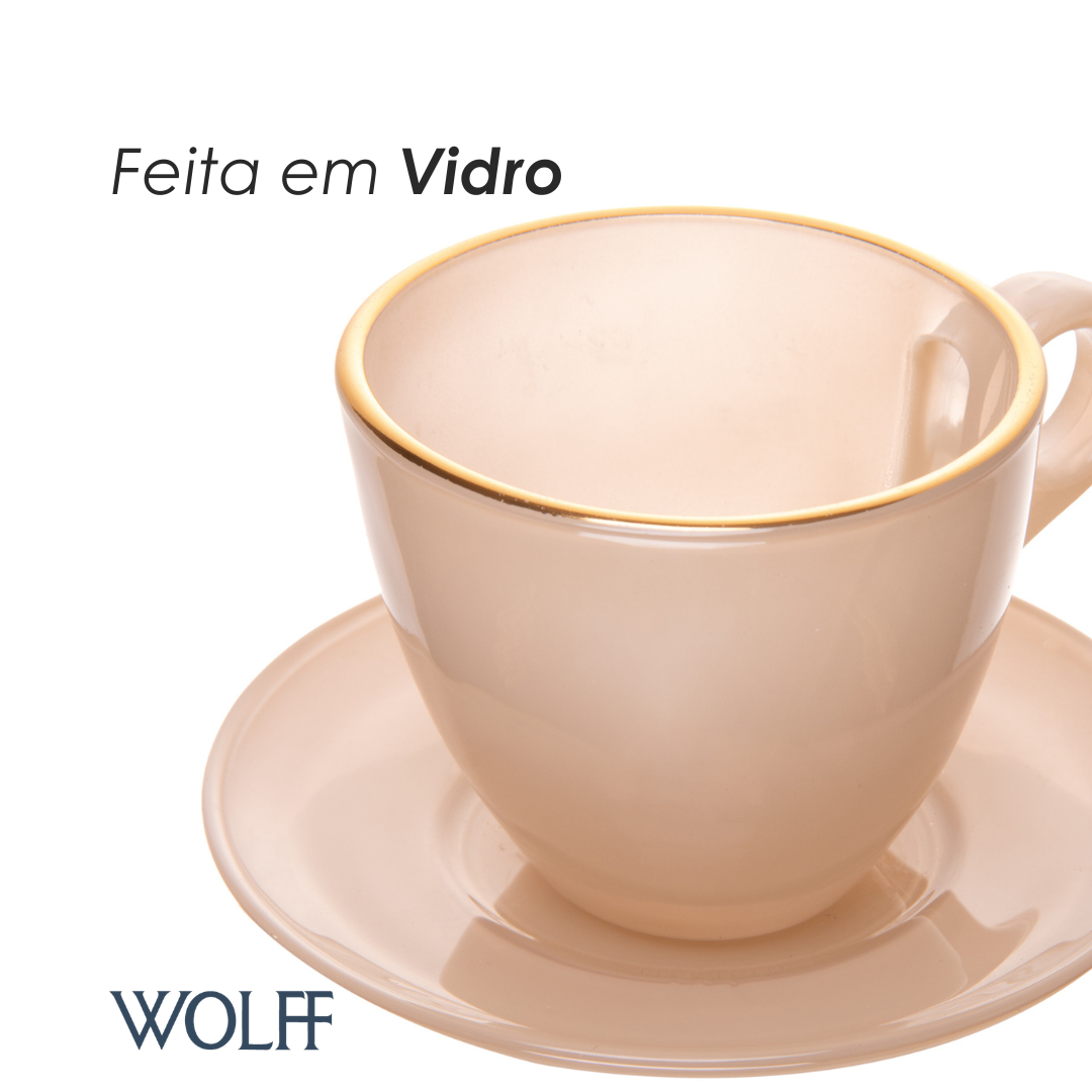 Conjunto 4 Xícaras de Chá com Pires Milky com Fio de Ouro 170ml Areia Vidro - Wolff