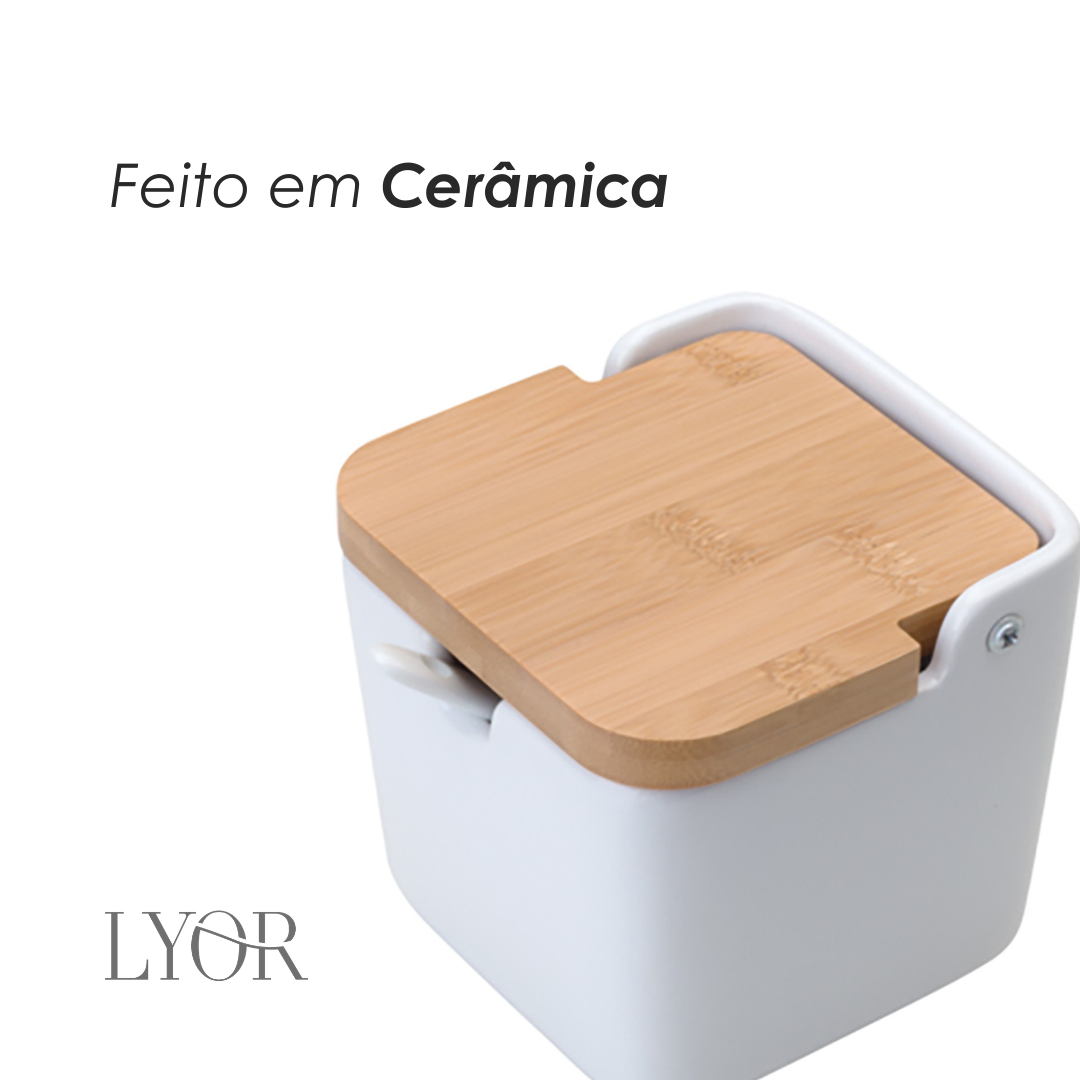Saleiro de Mesa de Cerâmica com Tampa de Bambu - Lyor
