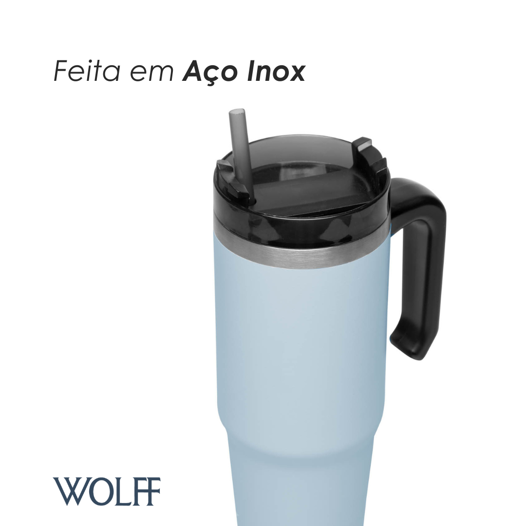 Copo Térmica Parede Dupla SlimTerm e Canudo Azul 890ml - Wolff