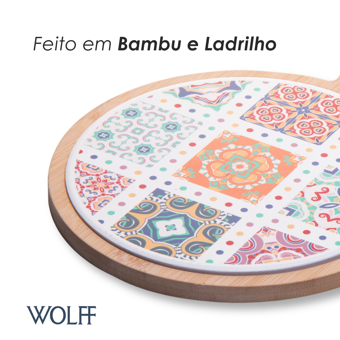 Conjunto 3 Peças para Queijo com Bandeja de Bambu Faca Dourada e Tábua Ladrilho 20x28x2cm - Wolff