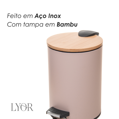 Lixeira Redonda com Tampa em Bambu e Pedal 3L Bege Aço Inox - Lyor