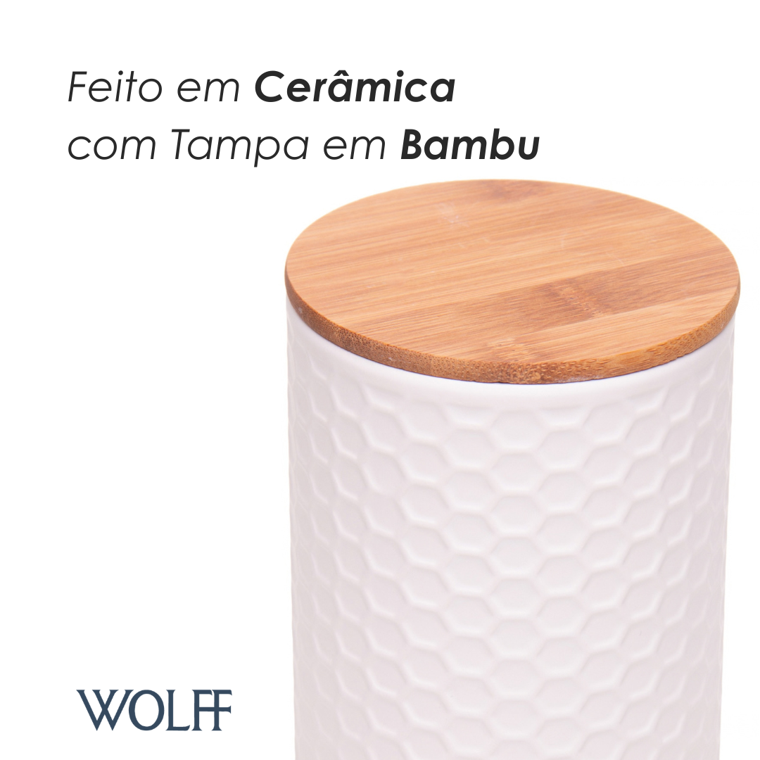 Potiche com Tampa de Bambu Beelisse 11cm x 15,8cm Branco Cerâmica - Wolff