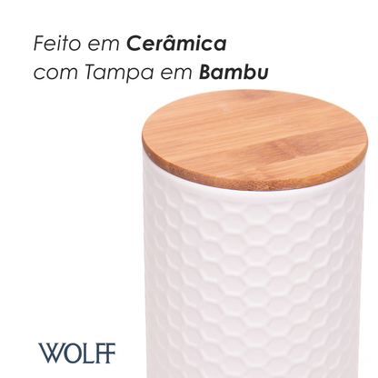 Potiche com Tampa de Bambu Beelisse 11cm x 15,8cm Branco Cerâmica - Wolff