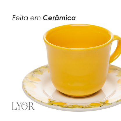 Xícara de Chá com Pires Siciliano 260ml Amarela Cerâmica - Lyor