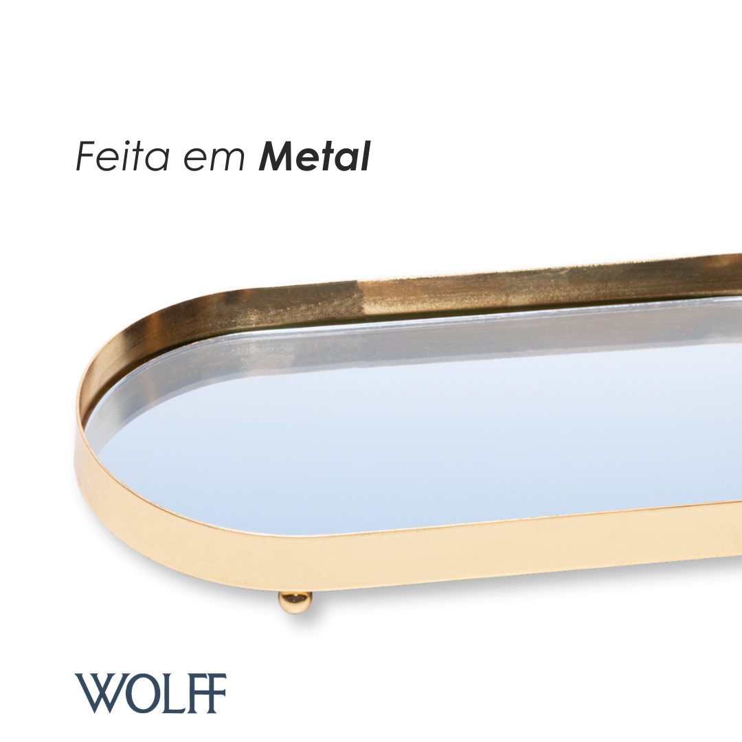 Bandeja com Espelho Cléance 32cm x 17cm x 3cm Dourada Metal - Wolff