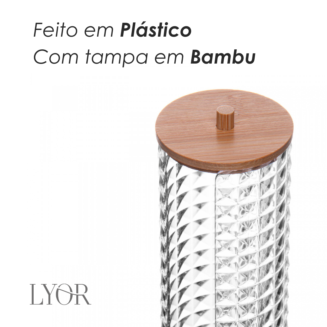 Porta Algodão com Tampa de Bambu Special My Box 7cm x 7cm x 17cm Plástico - Lyor