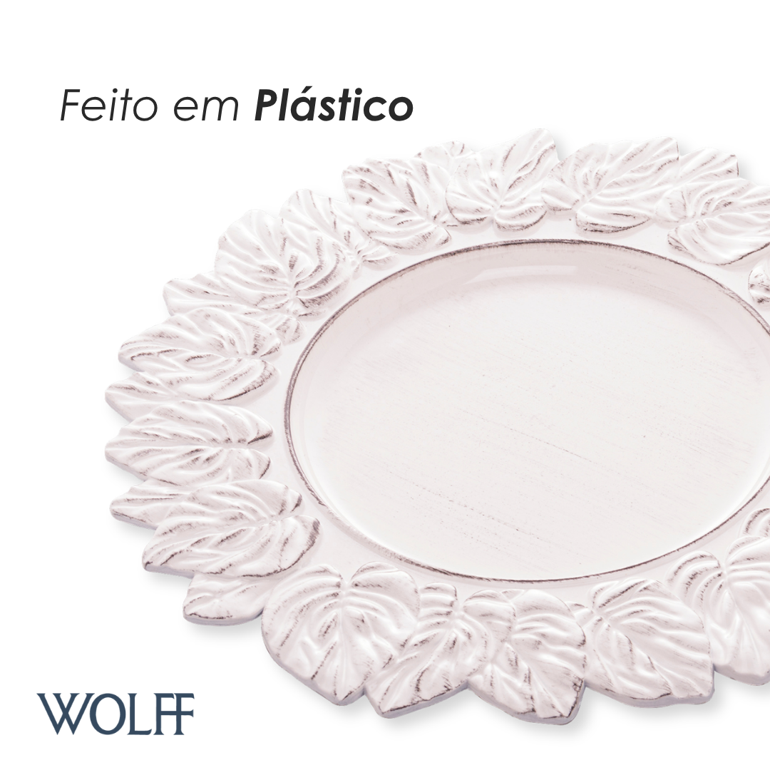 Sousplat de Plástico Patinado Garden Leaf Branco 35cm - Lyor