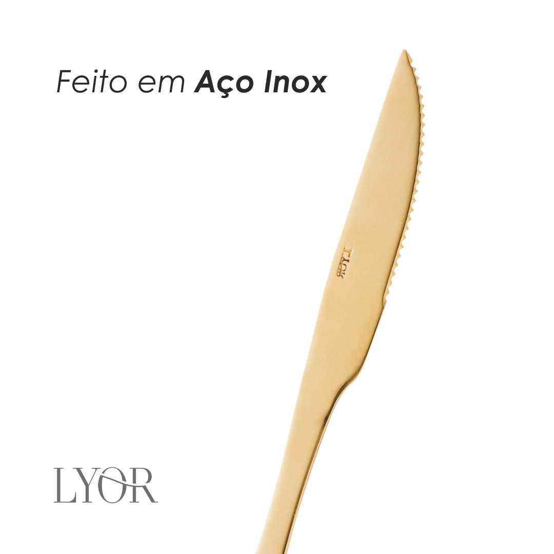 Conjunto 6 Facas de Churrasco de Aço Inox Positano Dourado 23cm - Lyor