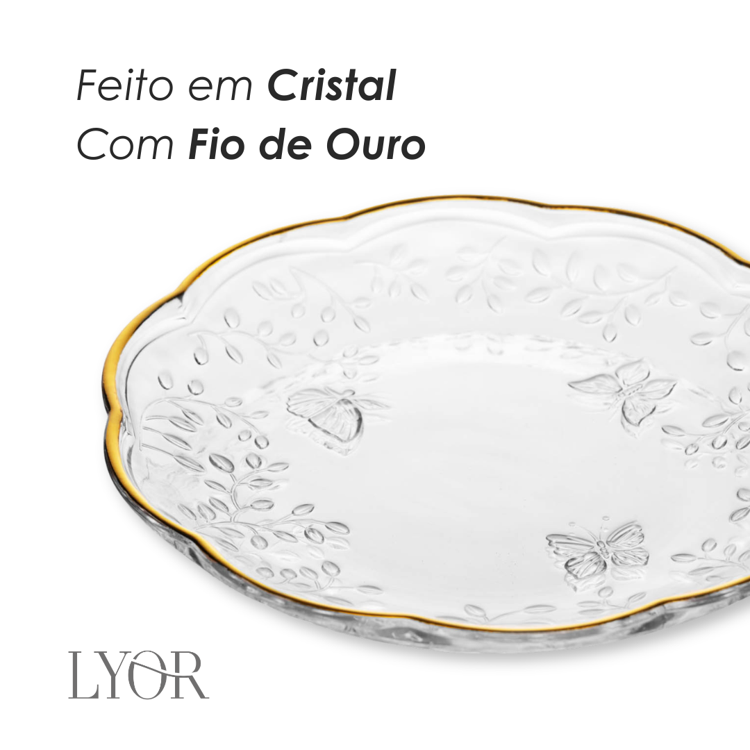 Prato para Sobremesa New Butterfly com Fio de Ouro 20cm Cristal Ecológico - Lyor