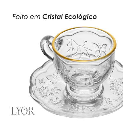 Xícara de Chá com Pires New Butterfly com Fio de Ouro 180ml Cristal Ecológico - Lyor
