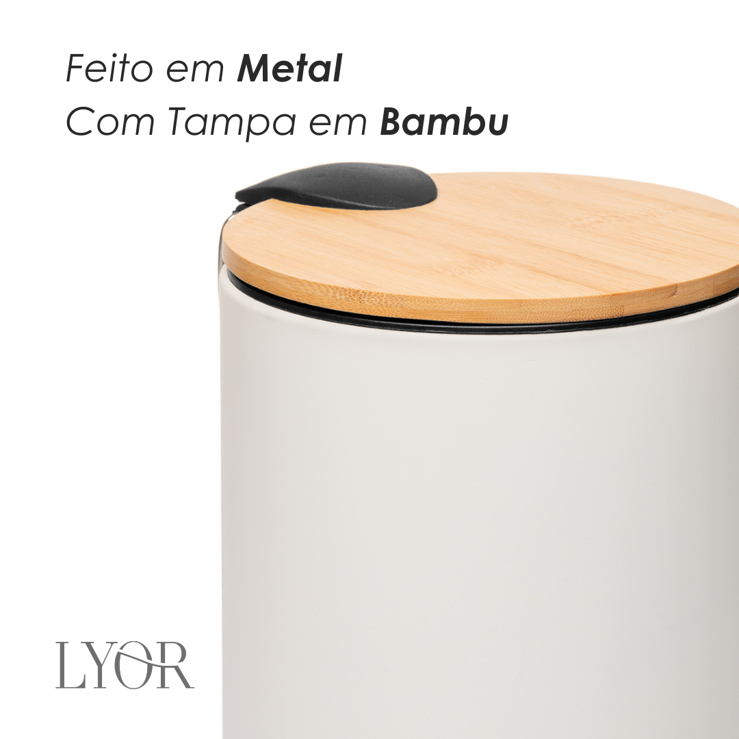 Lixeira Redonda de Metal com Pedal e Tampa em Bambu Branca 5L - Lyor