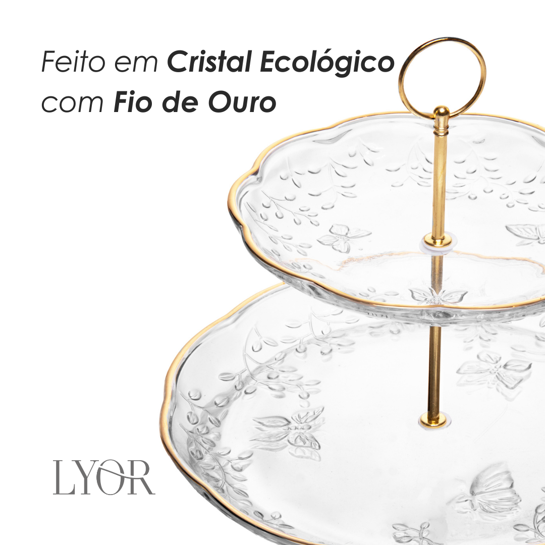 Prato para Doce 2 Andares New Butterfly com Fio de Ouro 20cm/26cm Cristal Ecológico - Lyor