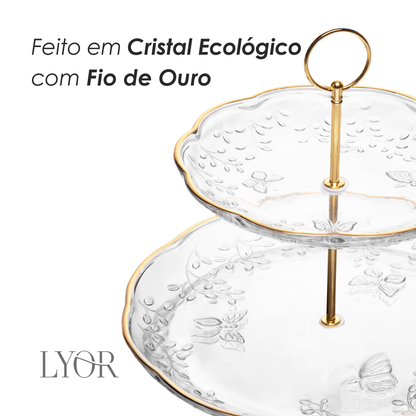 Prato para Doce 2 Andares New Butterfly com Fio de Ouro 20cm/26cm Cristal Ecológico - Lyor