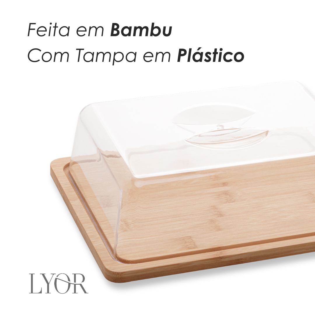 Queijeira Bambu com Tampa em Plástico 24cm x 18,5cm x 7,5cm - Lyor