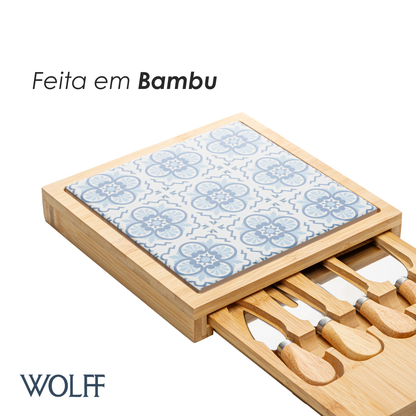 Conjunto 6 Peças para Queijo Tábua com Gaveta Mosaico 23cm x 23cm x 4cm Bambu - Wolff