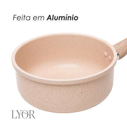 Panela de Indução em Alumínio com Revestimento Cerâmico Tampa de Vidro Granito Chefe Bege 18cm Lyor