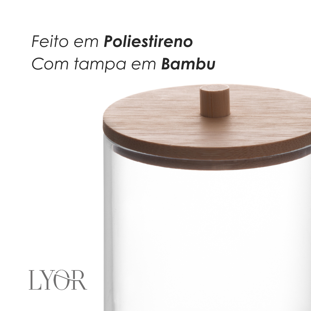Porta Cotonete de Poliestireno com Tampa de Bambu My Box 7cm x 7cm x 8cm - Lyor