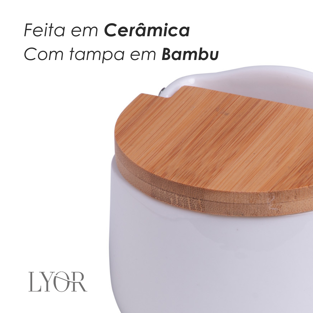 Saleiro de Mesa de Cerâmica com Tampa de Bambu e Colher Bianco 10cm x 9,5cm x 9,5cm - Lyor