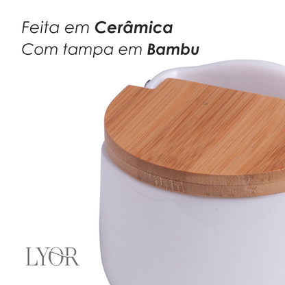 Saleiro de Mesa de Cerâmica com Tampa de Bambu e Colher Bianco 10cm x 9,5cm x 9,5cm - Lyor
