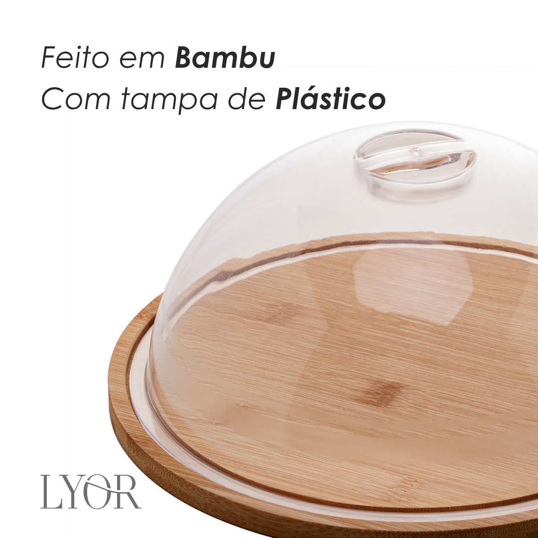 Queijeira Bambu com Tampa em Plástico 23,5cm x 23,5cm x 10cm - Lyor