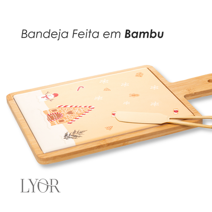 Conjunto 3 Peças para Queijo com Tábua e Faca Encanto de Natal 29cm x 17cm x 1cm Bambu - Lyor