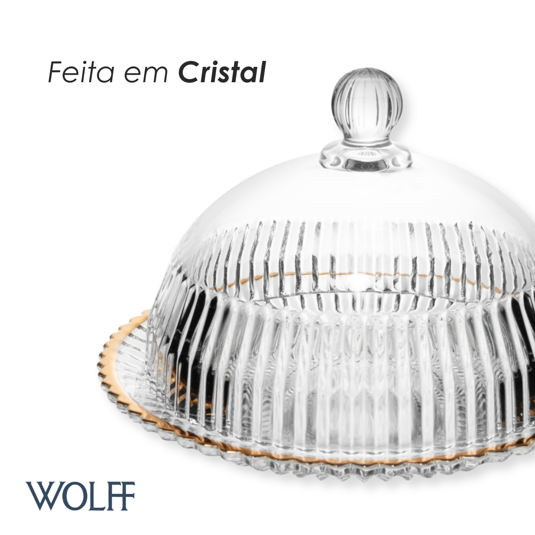 Queijeira de Cristal com Tampa e Fio de Ouro Império 20cm x 20cm x 13,5cm - Wolff