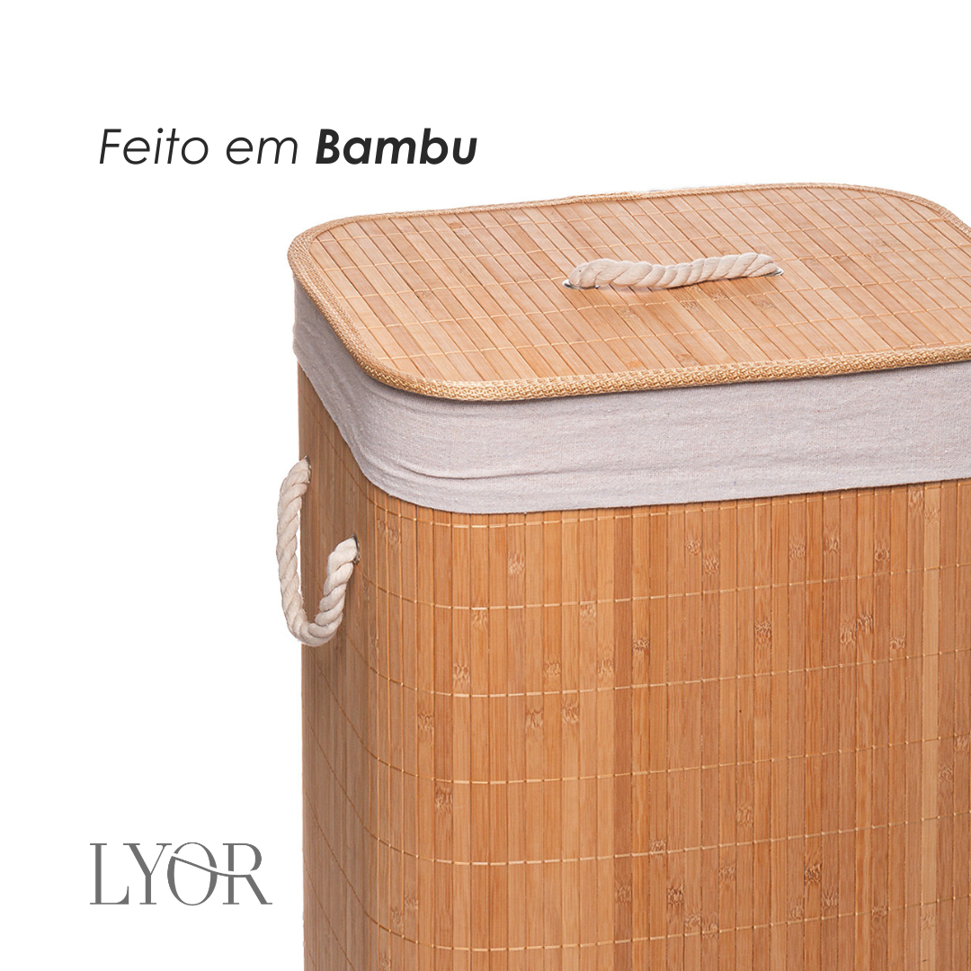 Cesto para Lavanderia de Bambu com Tampa Natural 40cm x 30cm x 57cm - Lyor