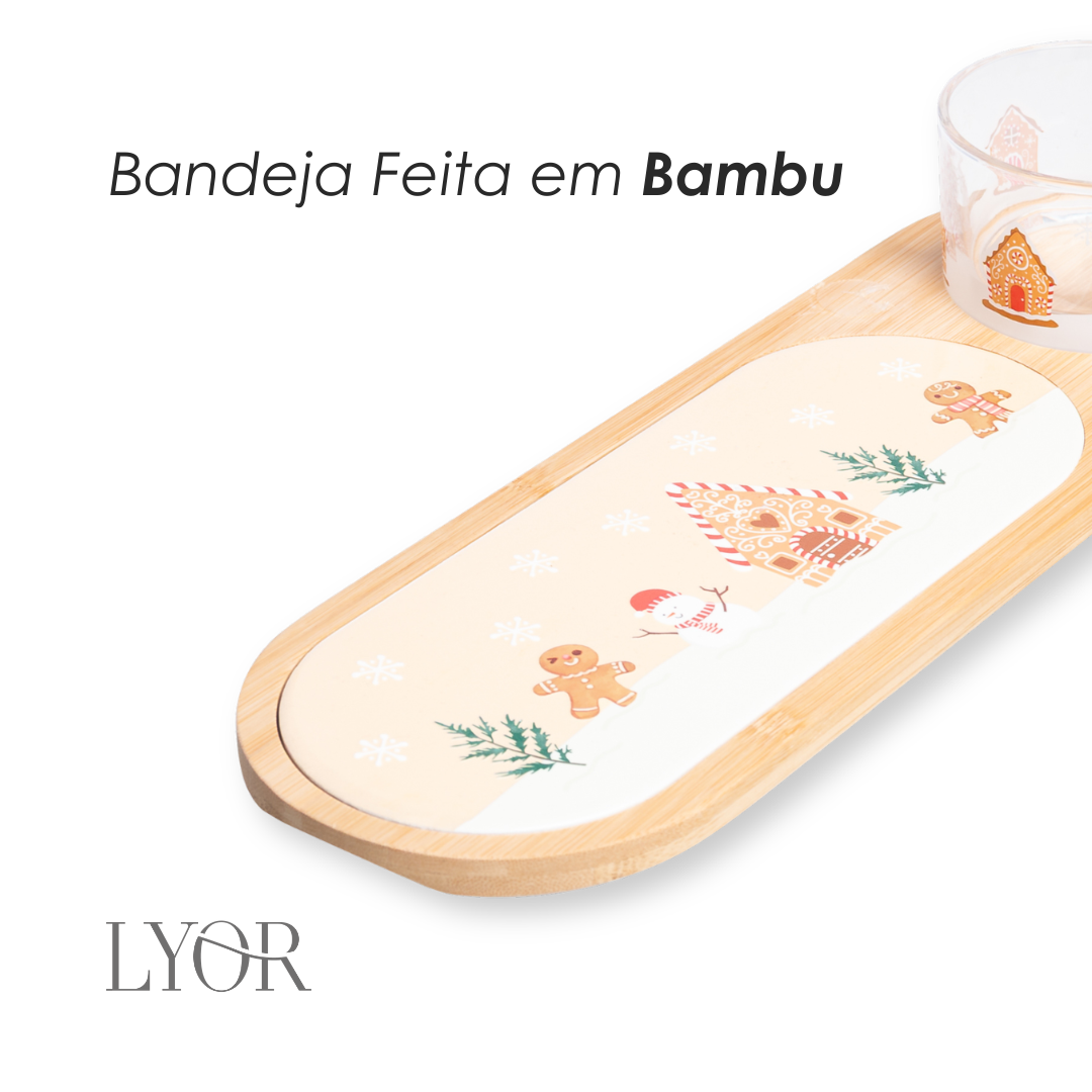 Conjunto 3 Peças Petisqueira com Bandeja e Tábua Encanto de Natal  36cm x 12cm x 6cm Bambu - Lyor