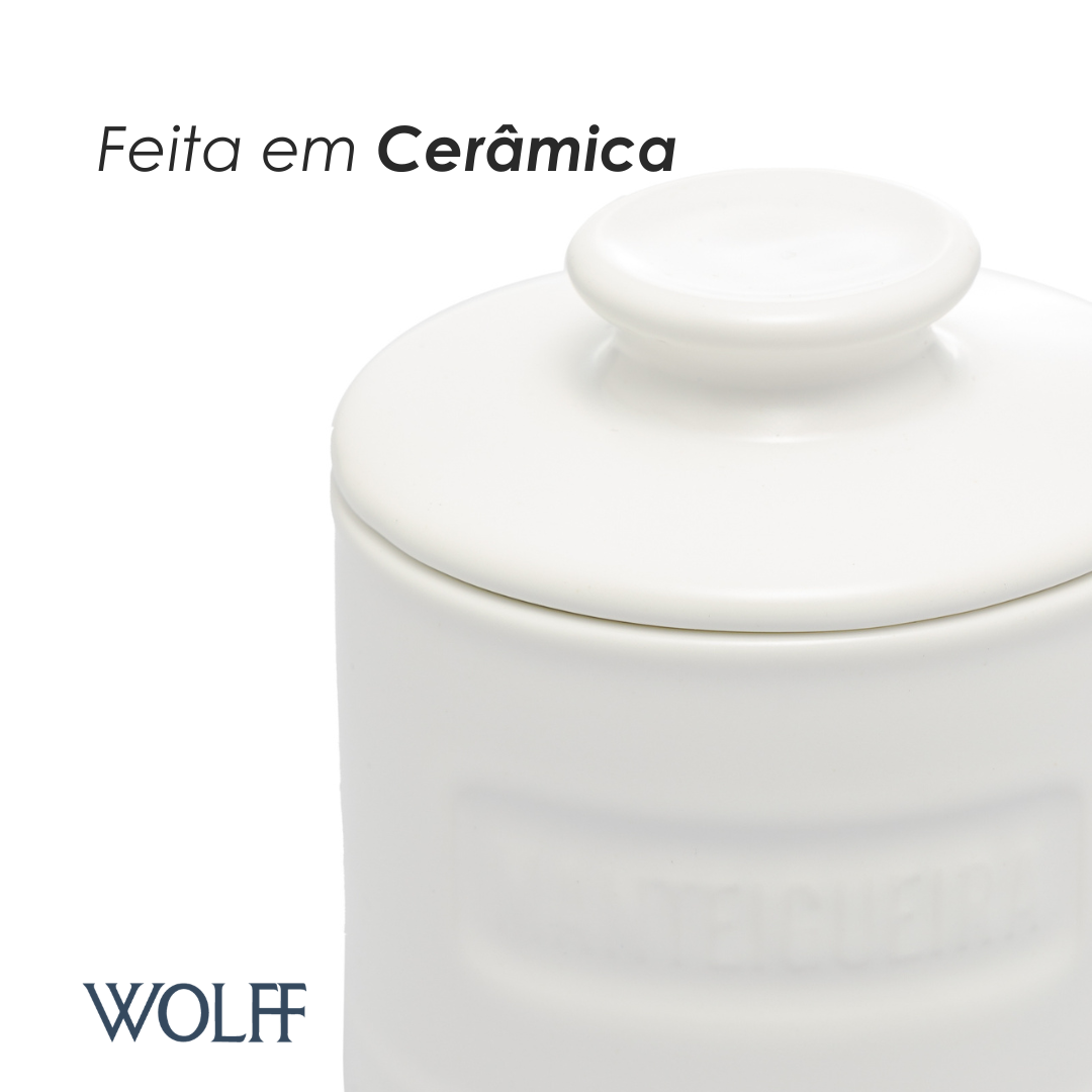 Manteigueira Francesa de Cerâmica com Tampa Branca Matte 8cm x 8cm x 9cm - Wolff