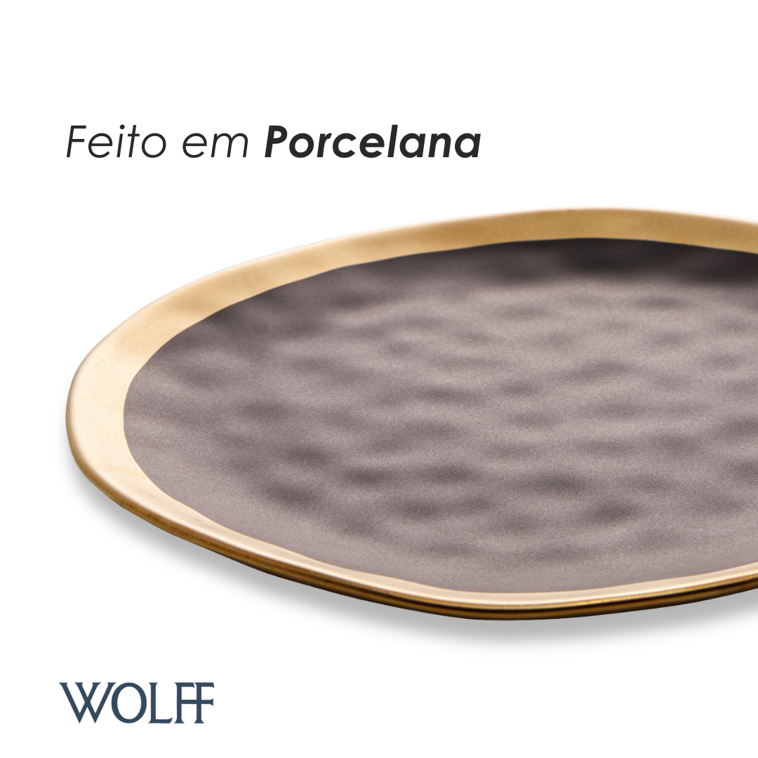 Prato Raso de Porcelana Dubai Preto e Dourado 25,5cm x 2,5cm - Wolff