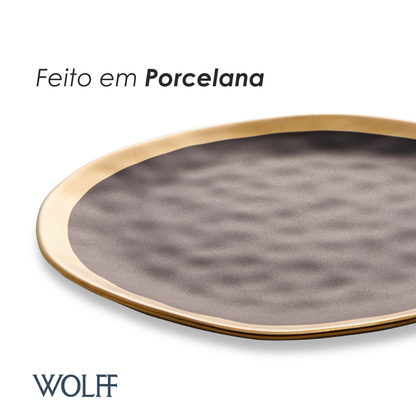 Prato Raso de Porcelana Dubai Preto e Dourado 25,5cm x 2,5cm - Wolff