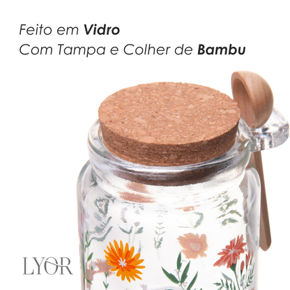 Pote Redondo de Vidro com Tampa e Colher de Bambu Flora 240ml - Lyor