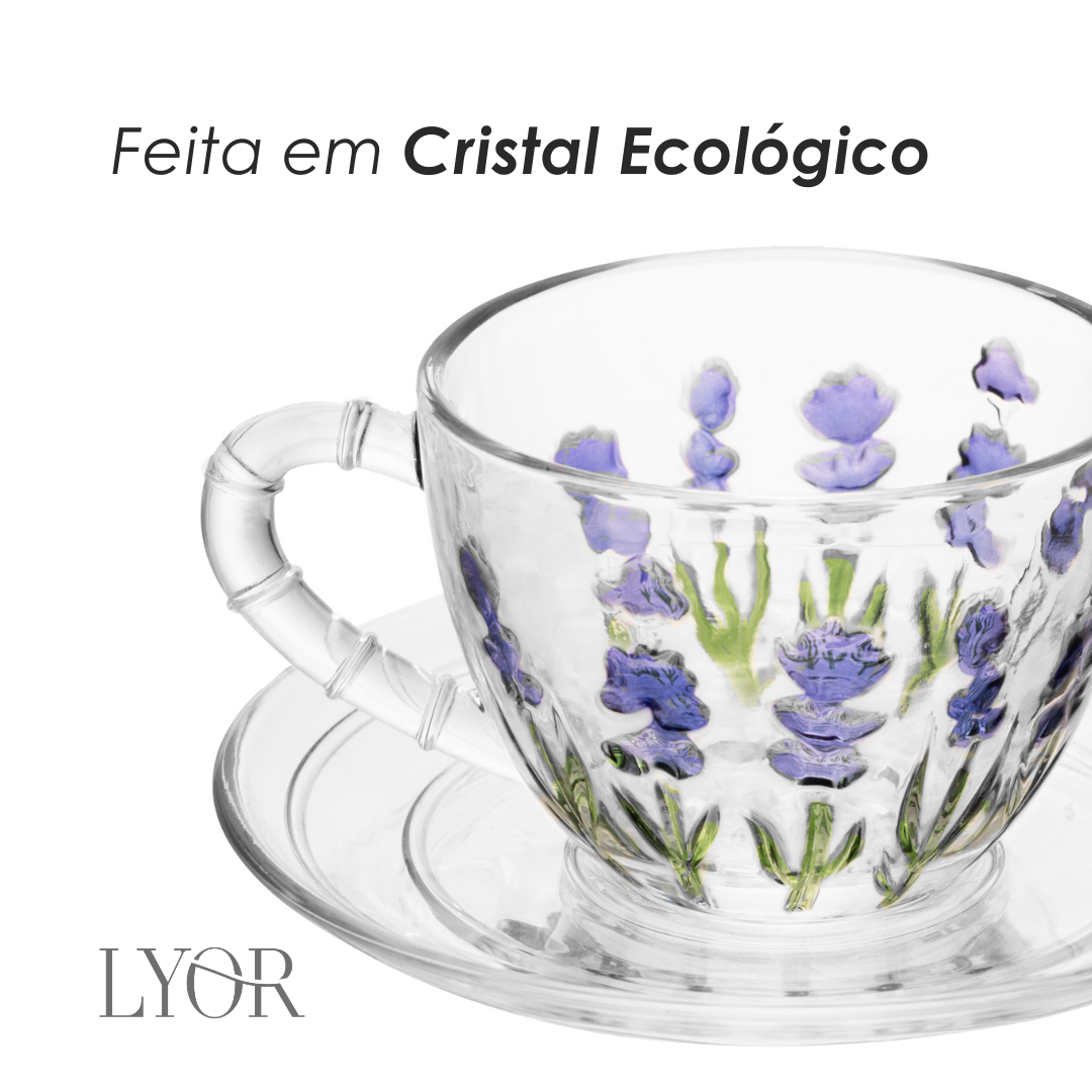 Xícara de Chá com Pires Lavanda Hand Painting 220ml Cristal Ecológico - Lyor