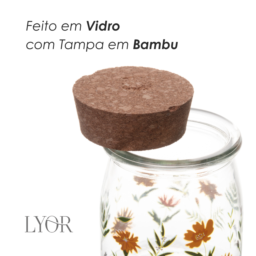 Pote Redondo de Vidro com Tampa de Bambu Flora 190ml - Lyor