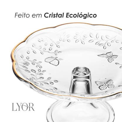 Prato para Bolo com Pé New Butterfly com Fio de Ouro 19cm x 9cm Cristal Ecológico - Lyor