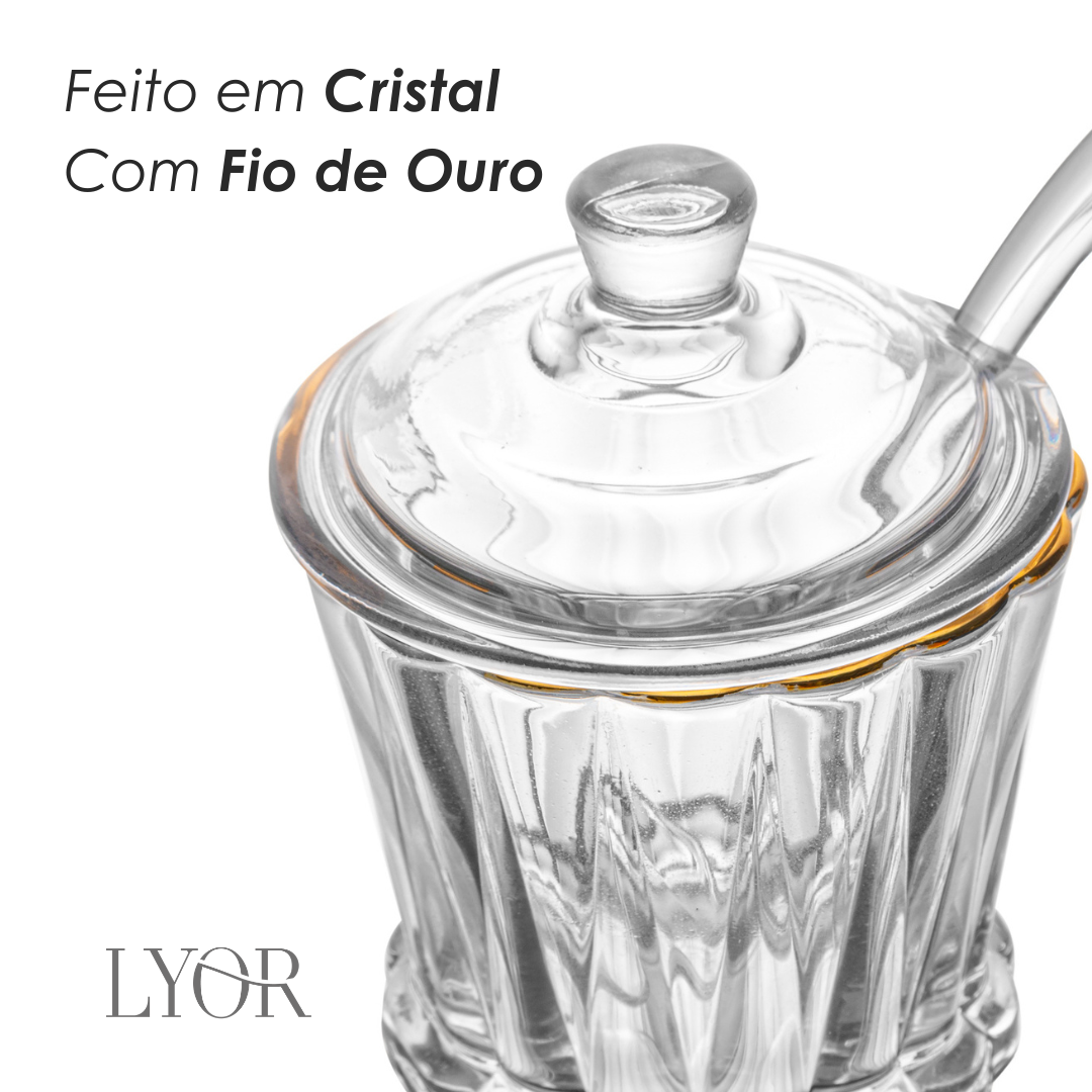 Açucareiro com Colher e Tampa Radial Fio de Ouro 210ml Cristal - Lyor
