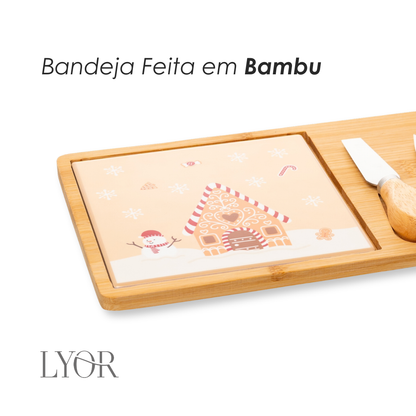 Conjunto 4 Peças Para Queijo  Bandeja de Bambu e Tábua Encanto de Natal 25cm x 17cm x 2cm - Lyor