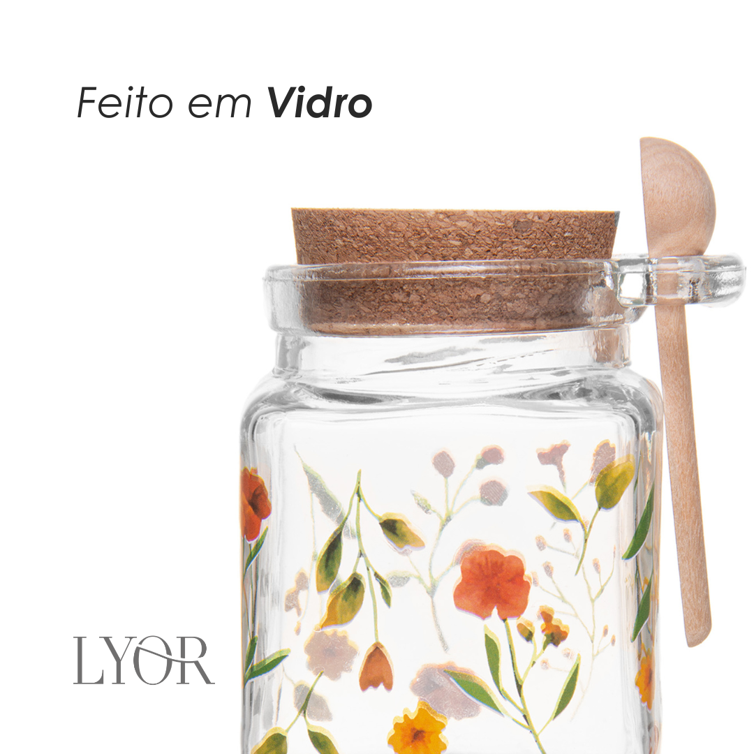 Pote Quadrado com Tampa e Colher Encanto 290ml Vidro - Lyor