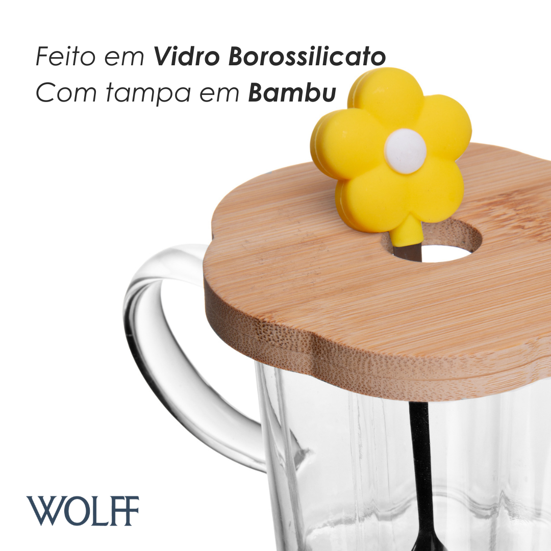 Xícara de Chá com Pires e Colher com Flor Amarela 280ml Vidro Borossilicato - Wolff