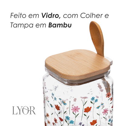 Pote Quadrado com Tampa e Colher de Bambu Jasmim 600ml Vidro - Lyor