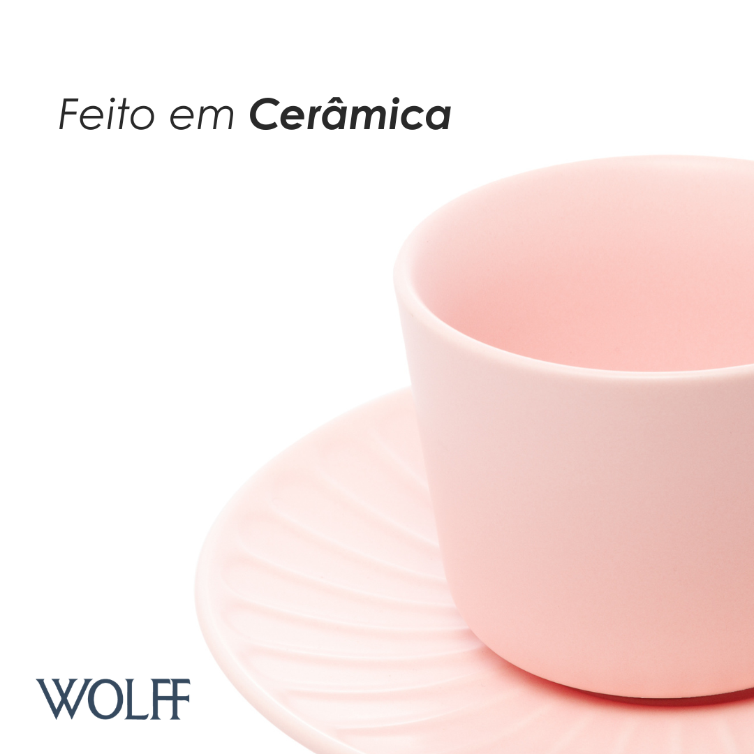 Conjunto 2 Xícaras de Chá de Cerâmica Colibri com Pires Rosa 170ml - Wolff
